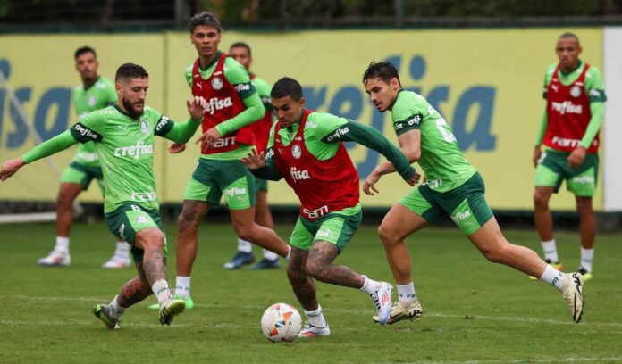 Dudu, em disputa de bola com Zé Rafael, em treinamento na Academia de Futebol do Palmeiras (Foto: Cesar Greco/Palmeiras)