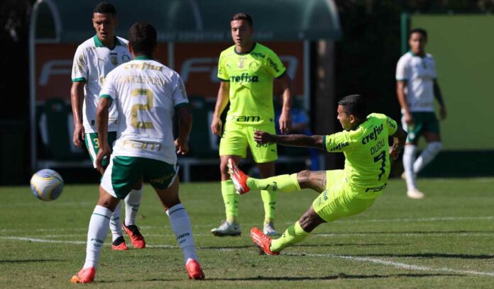 Dudu marca gol em jogo-treino na Academia de Futebol do Palmeiras (Foto: Cesar Greco/Palmeiras/by Canon)