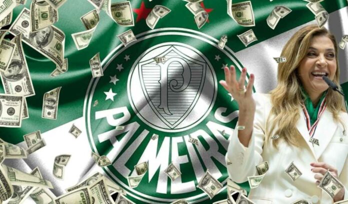 Leila Pereira, presidente do Palmeiras, em arte com a bandeira do clube e notas de dólares espalhadas (Foto: Reprodução/Internet)